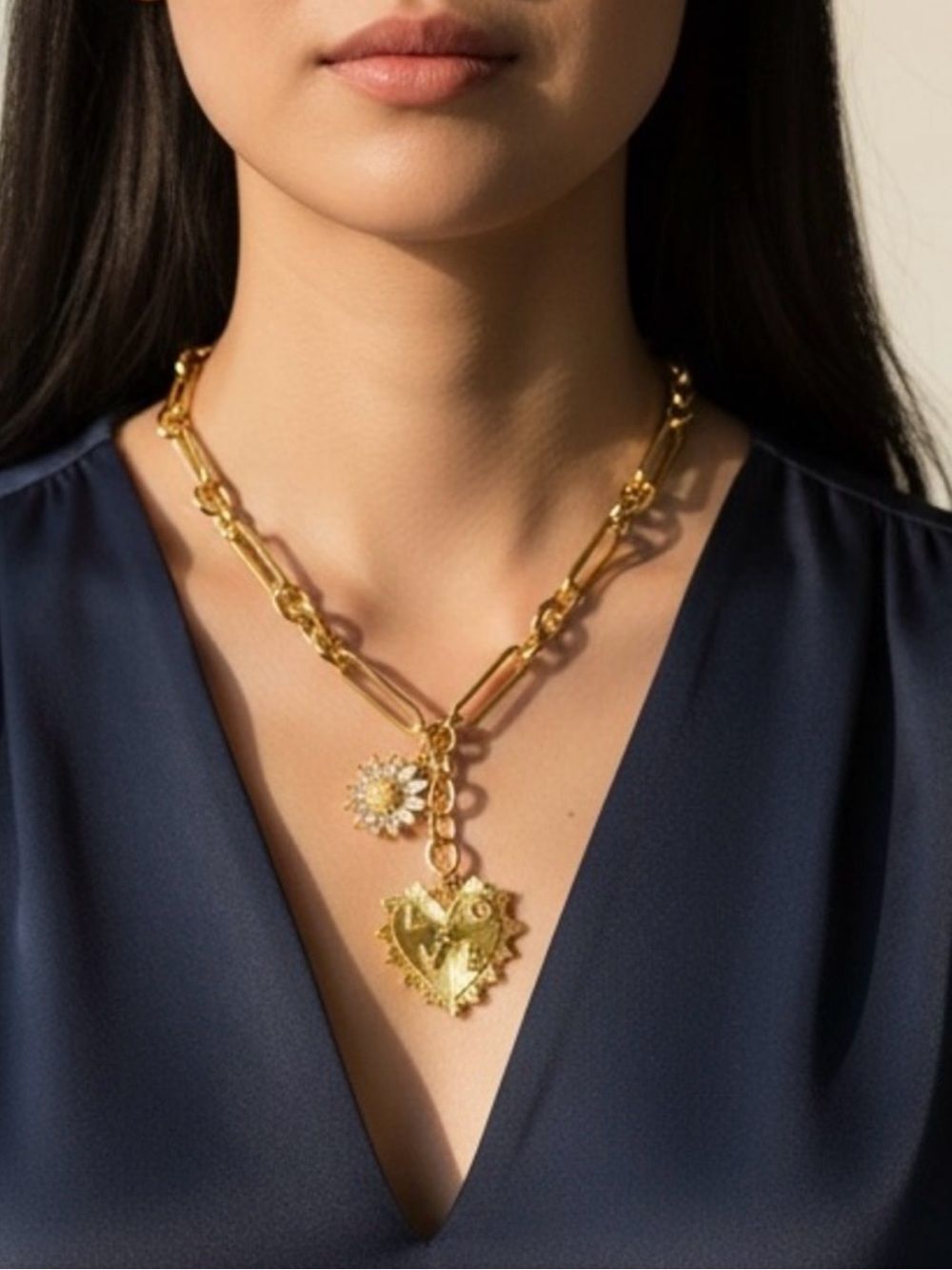 Mayamar Gold Link Necklace with Heart & Sunflower Charms